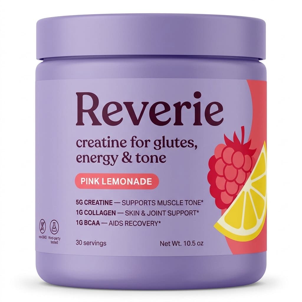 Reverie, pote de creatina para mujeres sabor pink lemonade con 5g de creatina, colágeno y BCAA