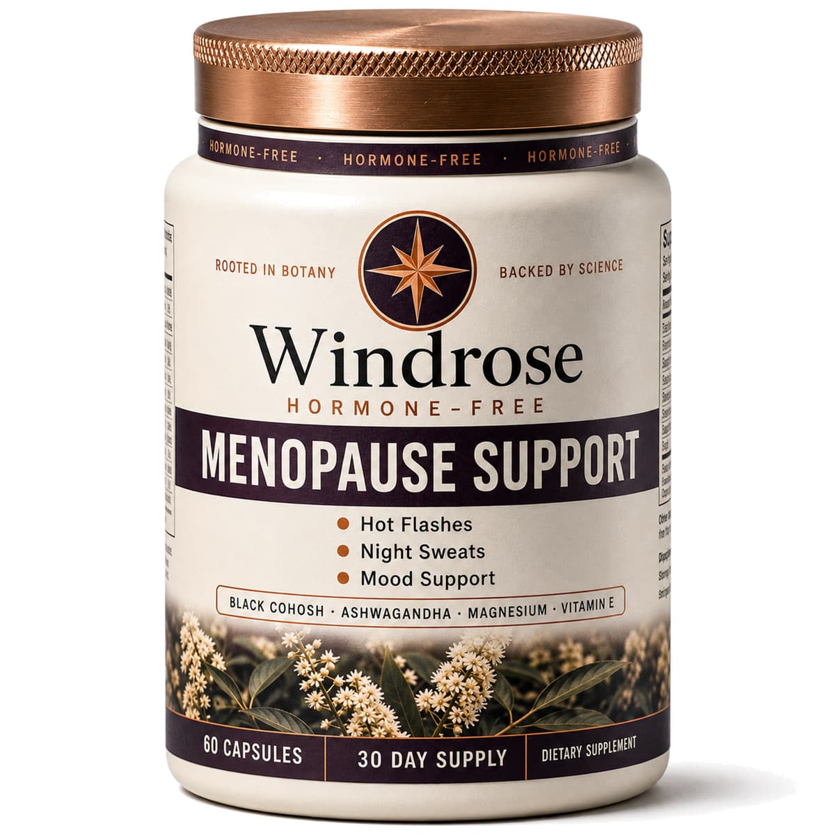 Windrose, frasco crema con tapa de cobre para menopausia, con la rosa de los vientos y los tres síntomas en la etiqueta, sobre fondo blanco