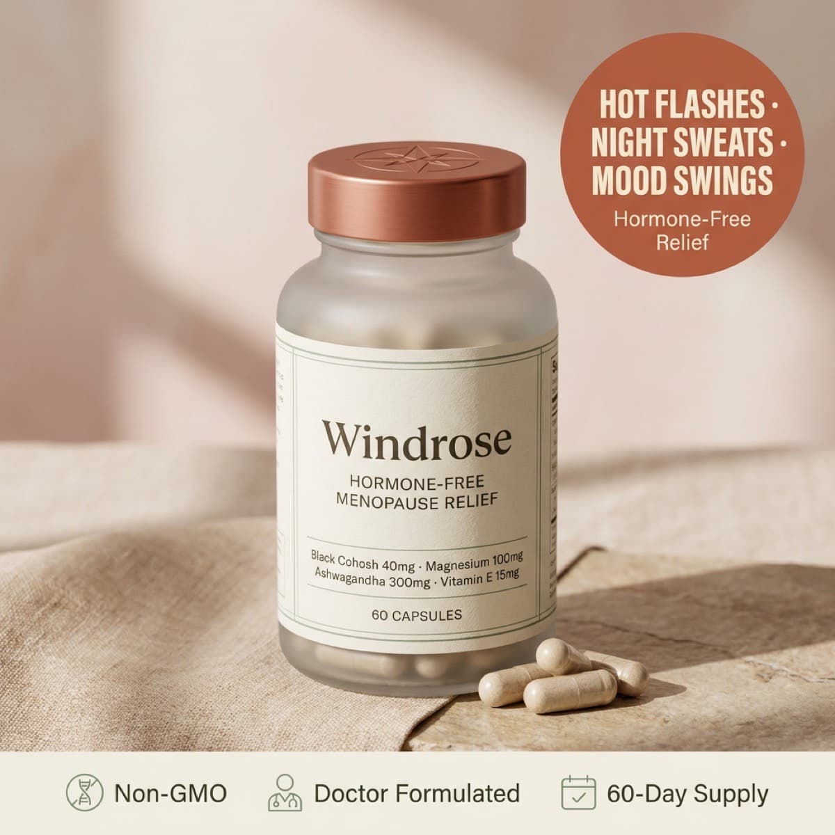 Windrose, frasco de suplemento sin hormonas para la menopausia con 60 cápsulas