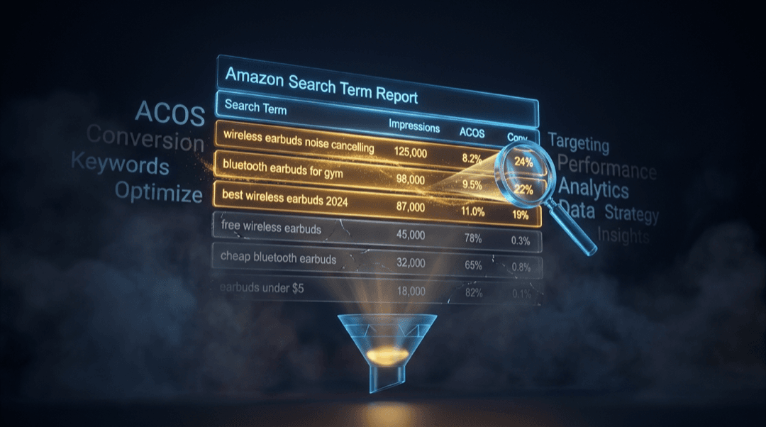 Amazon Search Term Report open in a spreadsheet, with terms sorted into winners and candidates to negate