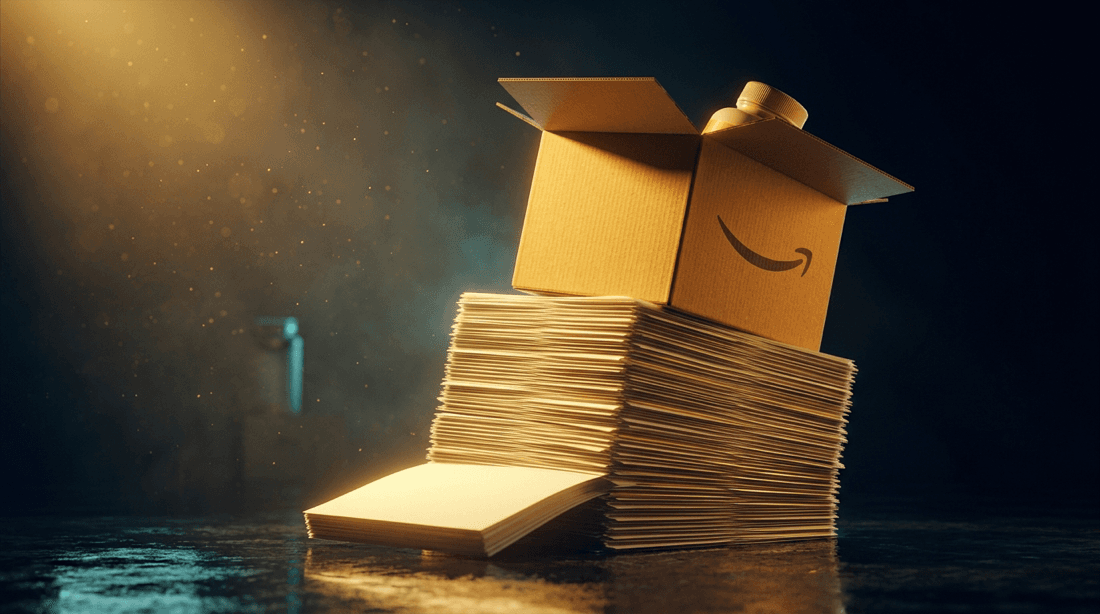Una caja de Amazon abierta con un frasco de suplemento asomando, apoyada sobre una pila inclinada de documentos