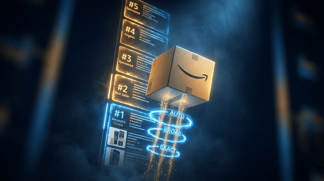 Amazon box rising through an Auto, Broad, and Exact campaign funnel toward the top organic ranking positions