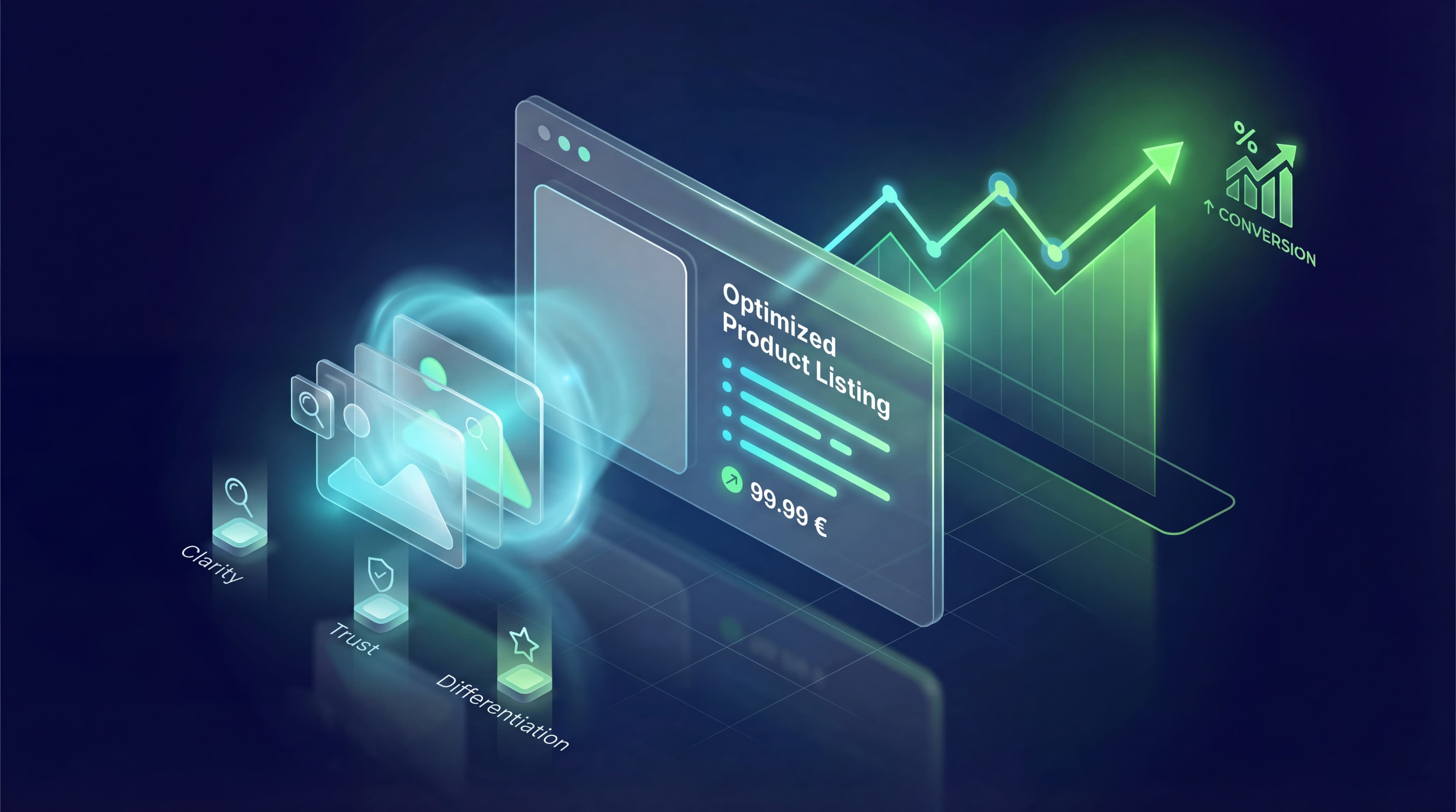 Isometric illustration of an optimized Amazon product listing with a green conversion graph