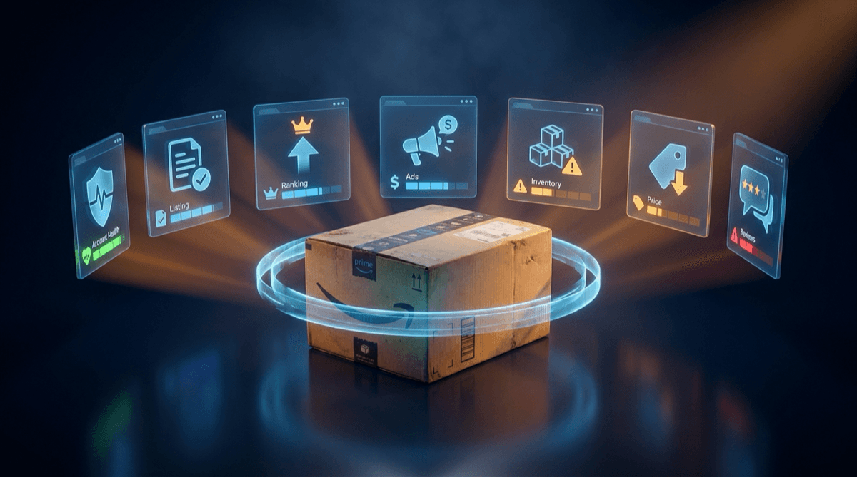 An Amazon box surrounded by holographic panels representing the 7 areas of an account audit: health, listing, ranking, ads, inventory, price and reviews