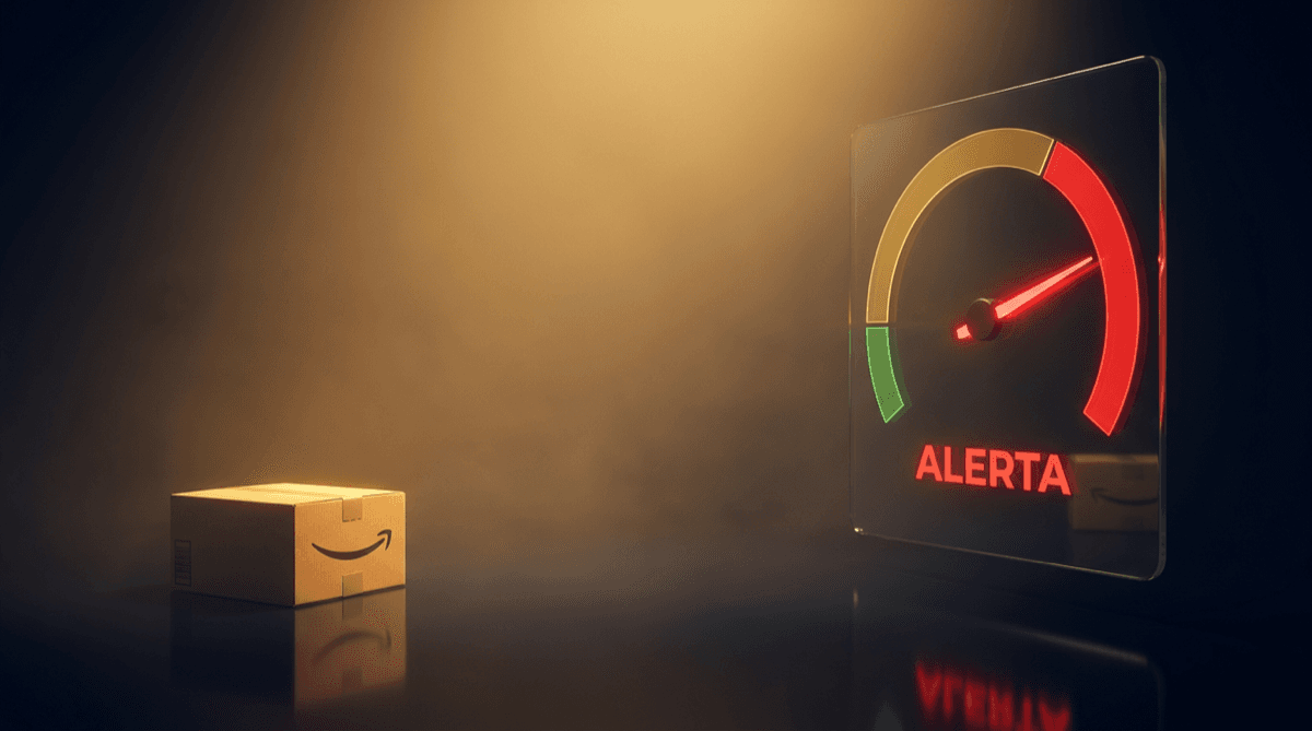 Caja de Amazon bajo un medidor de alerta con la aguja marcando la zona roja, señalando que la cuenta necesita ayuda especializada