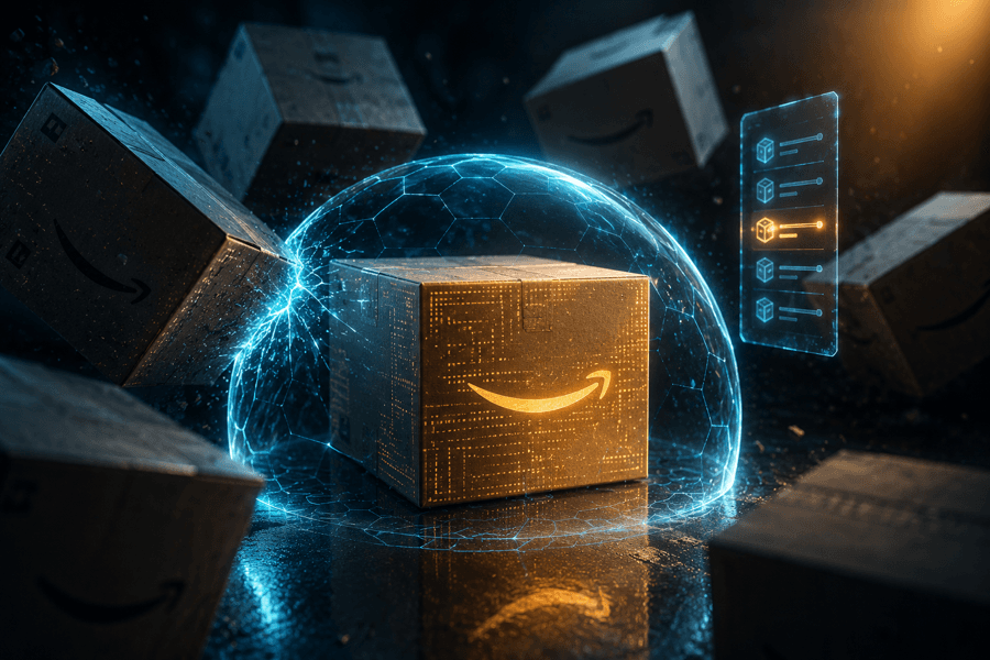 Caja de Amazon iluminada dentro de una cúpula protectora, rodeada de cajas apagadas que quedaron fuera del perímetro