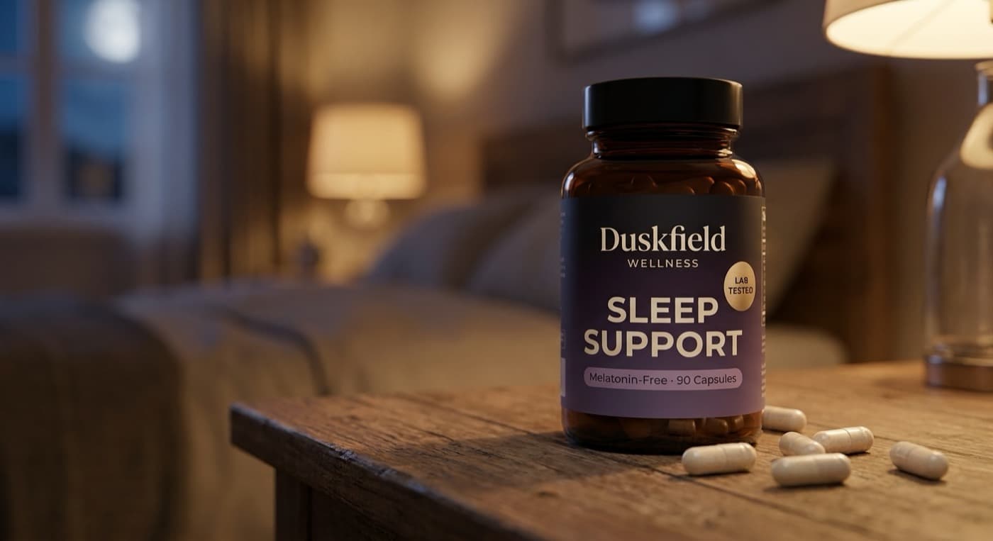 Duskfield Wellness, frasco Sleep Support sin melatonina sobre una mesa de luz en una escena nocturna de dormitorio