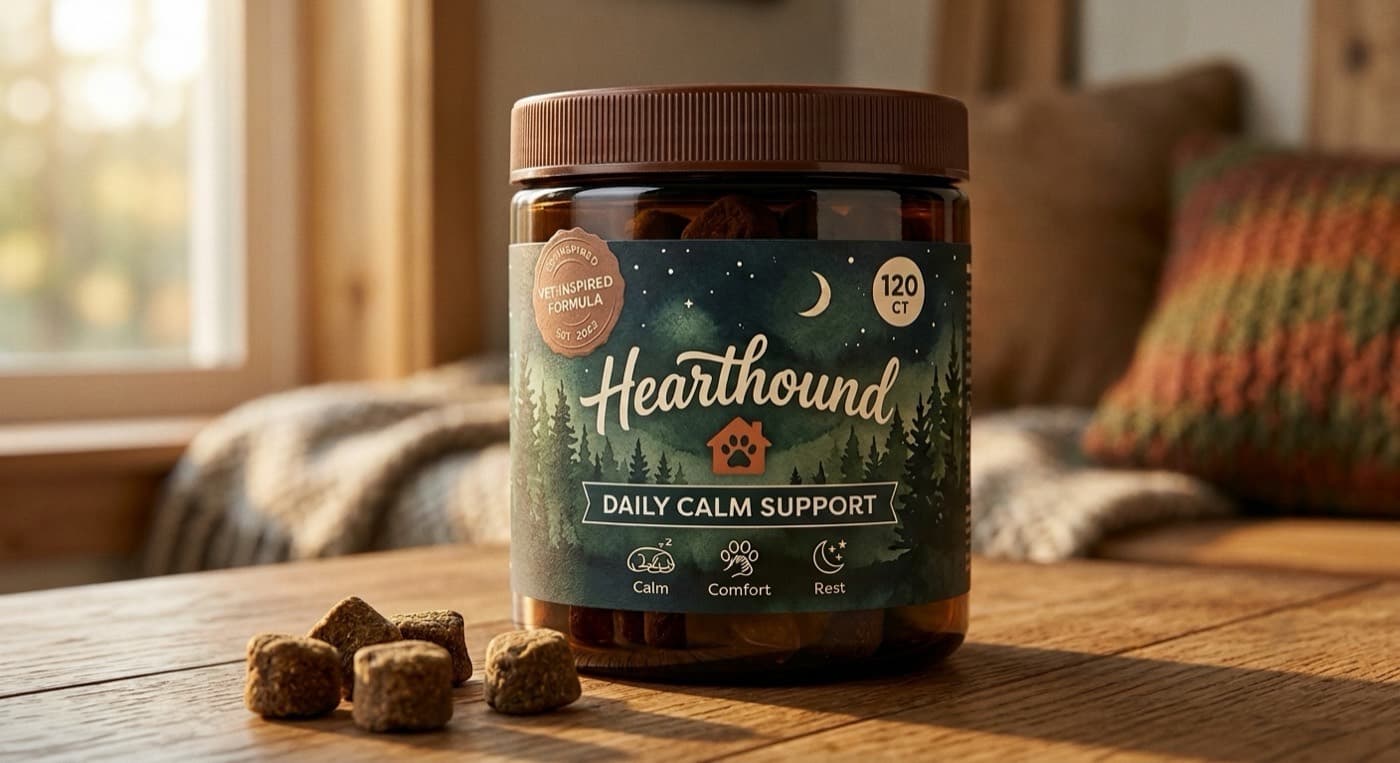 Hearthound, tarro Daily Calm Support de 120 chews sobre una mesa de madera en una escena hogareña