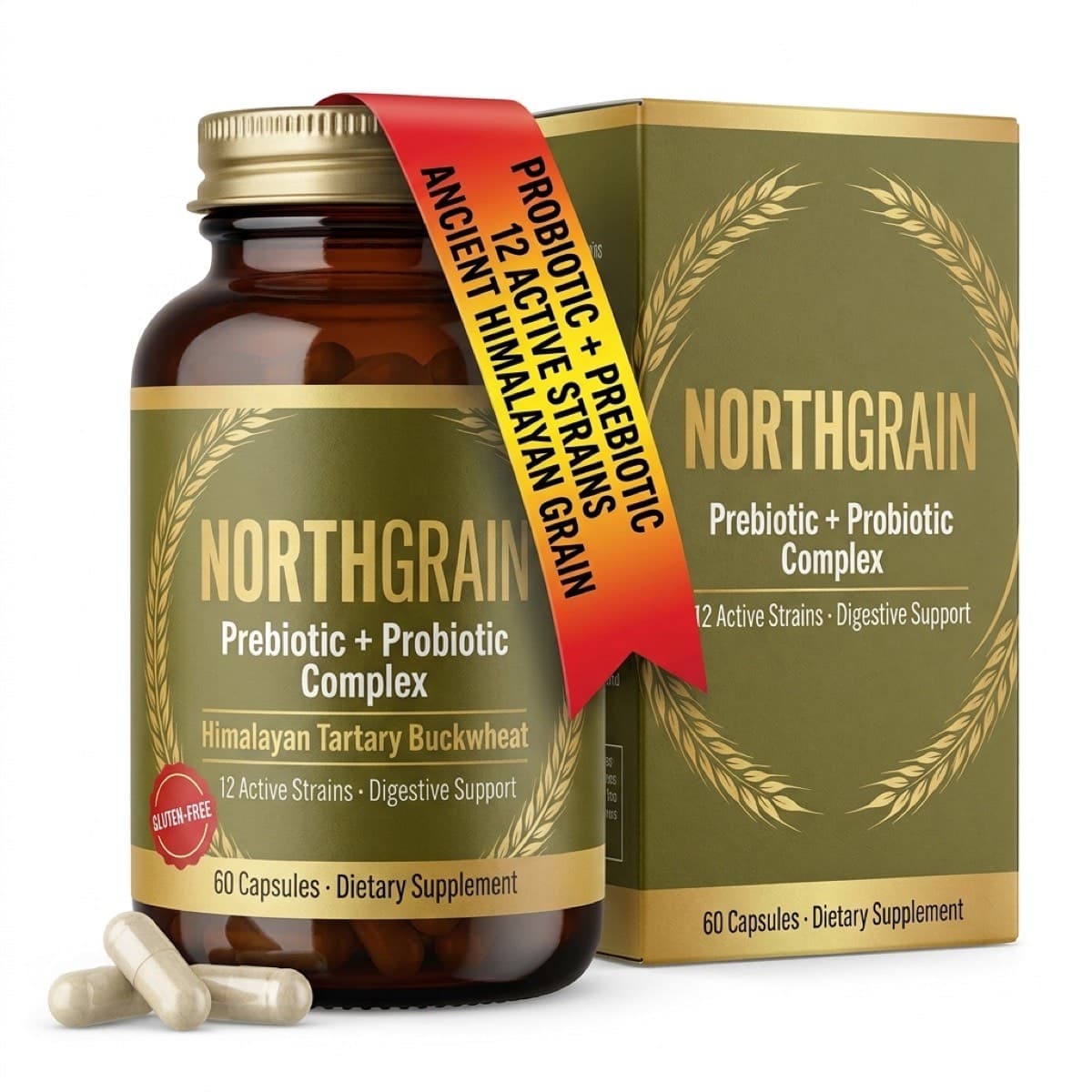 Northgrain Wellness, frasco Prebiotic + Probiotic Complex con caja y cinta de palabras clave, imagen principal optimizada para clics