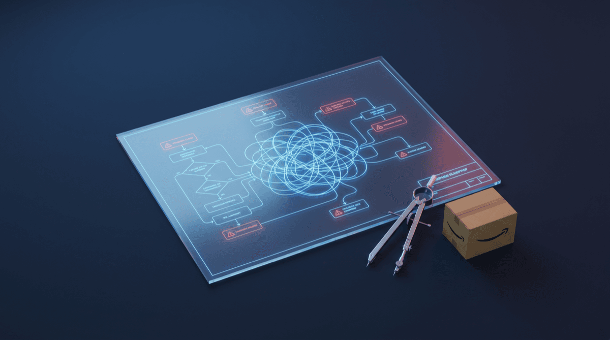 Blueprint estratégico de estructura de campañas Amazon PPC junto a una caja de Amazon y un compás de precisión