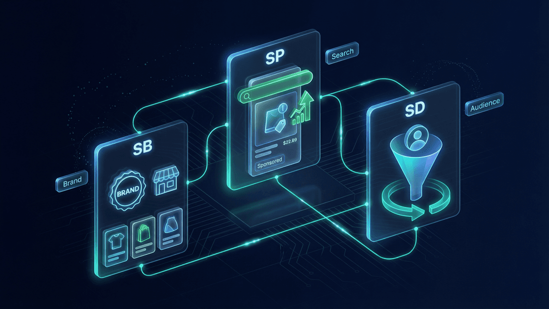 Diagram comparing Sponsored Products, Sponsored Brands, and Sponsored Display in Amazon Ads